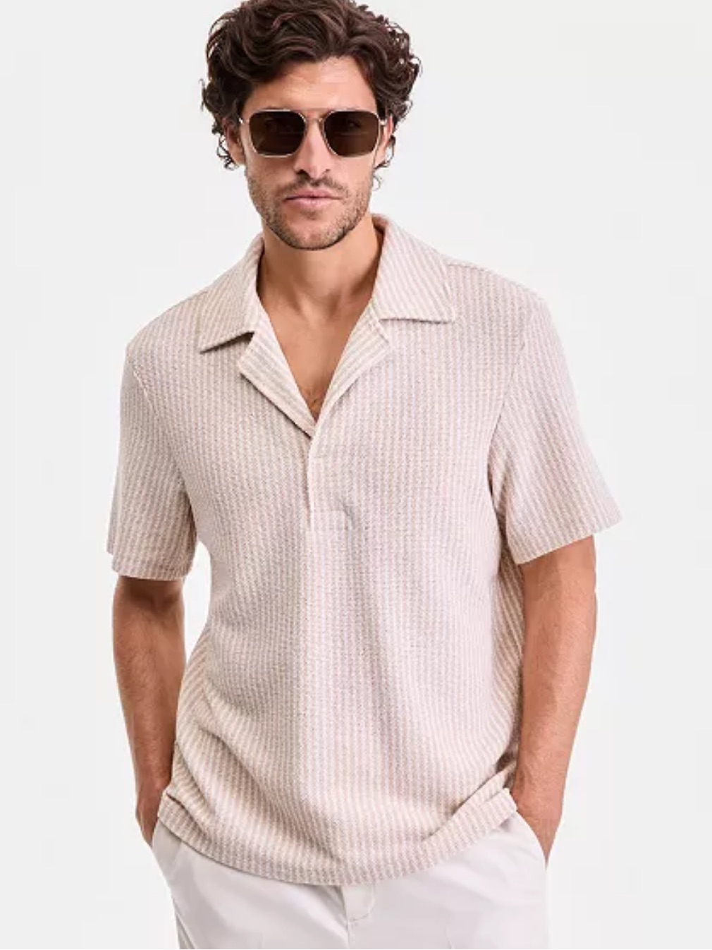 Brand New Alfani Men's Short-Sleeve Boucle Stripe Knit Shirt L